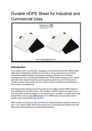 Durable HDPE Sheet for Industrial and Commercial Uses