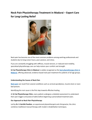 Neck Pain Physiotherapy Treatment in Madurai – Expert Care for Long-Lasting Reli