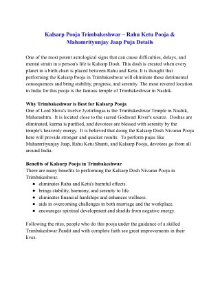 Kalsarp Pooja Trimbakeshwar – Rahu Ketu Pooja & Mahamrityunjay Jaap Puja Details