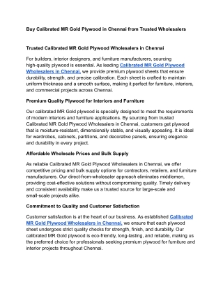 Buy Calibrated MR Gold Plywood in Chennai from Trusted Wholesalers