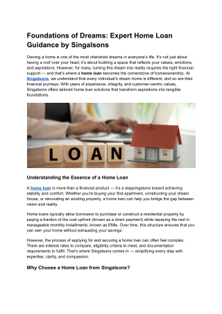 Foundations of Dreams Expert Home Loan Guidance by Singalsons