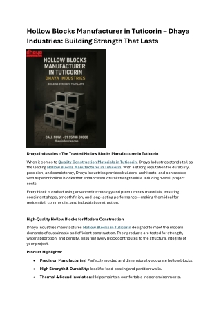 Hollow Blocks Manufacturer in Tuticorin  Dhaya Industries Building Strength That Lasts