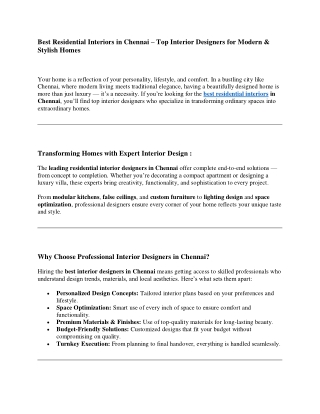 Best Residential Interiors in Chennai