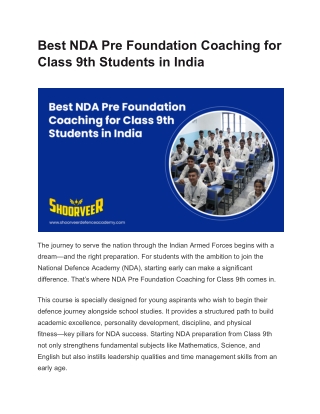 Best NDA Pre Foundation Coaching for Class 9th Students in India