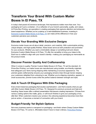 Transform Your Brand With Custom Mailer Boxes In El Paso, TX