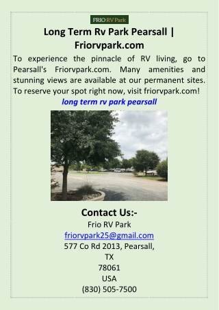 Long Term Rv Park Pearsall  Friorvpark.com