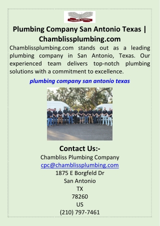 Plumbing Company San Antonio Texas  Chamblissplumbing.com