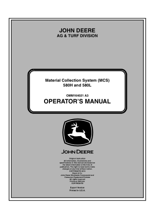 John Deere 580L Material Collection System (MCS) Operator’s Manual Instant Download (Publication No. OMM164021)