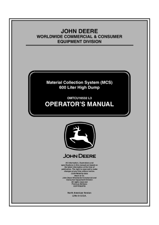 John Deere 600 Liter High Dump Material Collection System (MCS) Operator’s Manual Instant Download (Publication No. omtc
