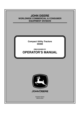 John Deere 3036E Compact Utility Tractor Operator’s Manual Instant Download (PIN.301620-) (Publication No.OMLVU24839)