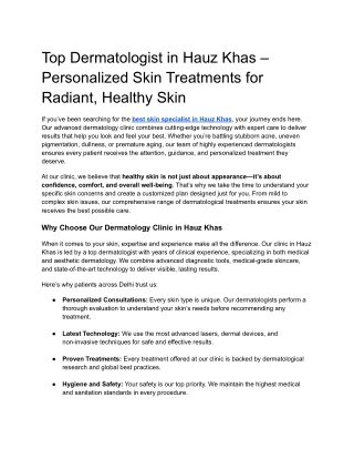 Best Skin Specialist in Hauz Khas – Expert Dermatology Care