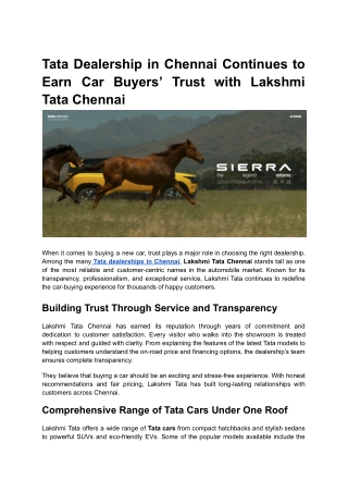 Tata Dealership in Chennai Continues to Earn Car Buyers’ Trust with Lakshmi Tata Chennai
