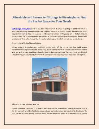 Affordable and Secure Self Storage in Birmingham: Find the Perfect Space for You