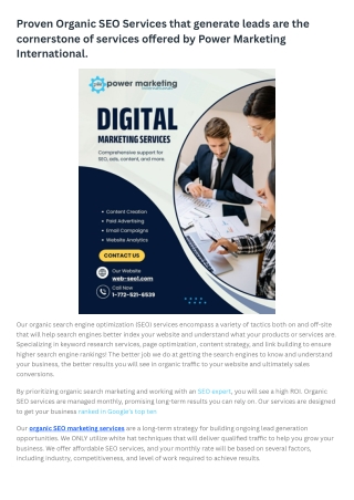 Proven Organic SEO Services that generate leads are the cornerstone of services offered by Power Marketing International