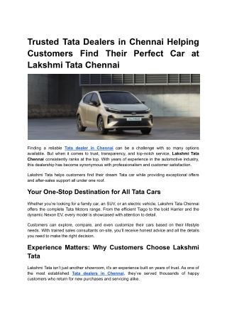 Trusted Tata Dealers in Chennai Helping Customers Find Their Perfect Car at Lakshmi Tata Chennai