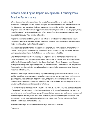 Reliable Ship Engine Repair in Singapore