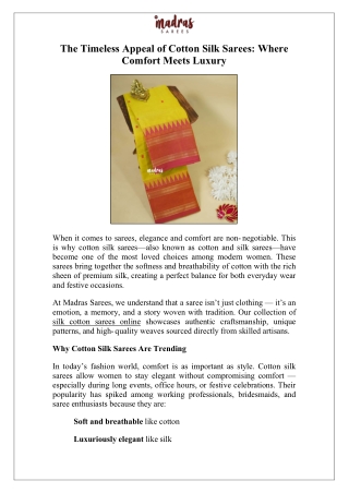 The Timeless Appeal of Cotton Silk Sarees Where Comfort Meets Luxury