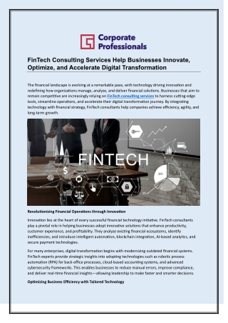 FinTech Consulting Services Help Businesses Innovate, Optimize, and Accelerate Digital Transformation