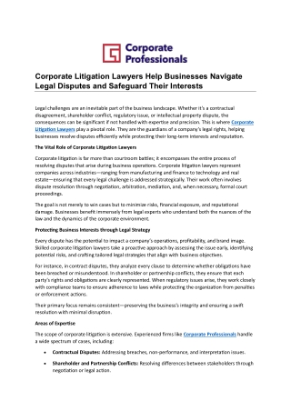 Corporate Litigation Lawyers Help Businesses Navigate Legal Disputes and Safeguard Their Interests