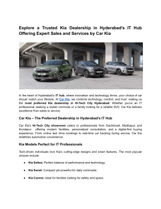 Explore a Trusted Kia Dealership in Hyderabad’s IT Hub Offering Expert Sales and Services by Car Kia