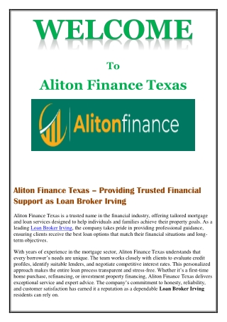 Aliton Finance Texas – Providing Trusted Financial Support as Loan Broker Irving