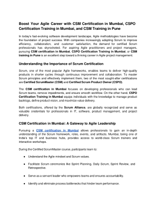 Boost Your Agile Career with CSM Certification in Mumbai, CSPO Certification Training in Mumbai, and CSM Training in Pun