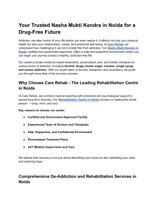 Best Nasha Mukti Kendra in Noida | Trusted Drug & Alcohol De-Addiction Centre