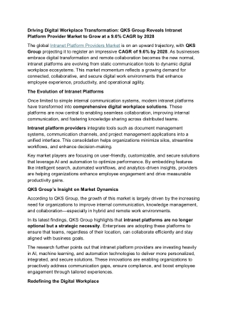 Driving Digital Workplace Transformation QKS Group Reveals Intranet Platform Provider Market to Grow at a 9.6 CAGR by 20