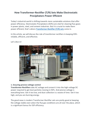 How Transformer-Rectifier (TR) Sets Make Electrostatic Precipitators Power Efficient