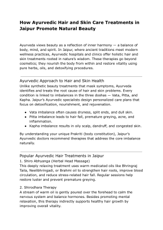 How Ayurvedic Hair and Skin Care Treatments in Jaipur Promote Natural Beauty