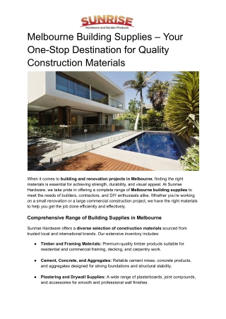 Melbourne Building Supplies – Your One-Stop Destination for Quality Construction Materials