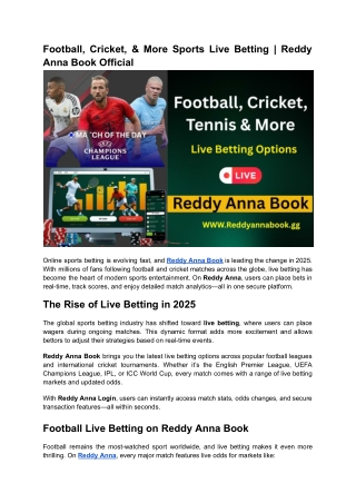 Football, Cricket, & More Sports Live Betting  Reddy Anna Book Official