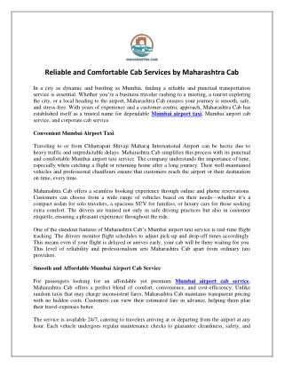 Reliable and Comfortable Cab Services by Maharashtra Cab