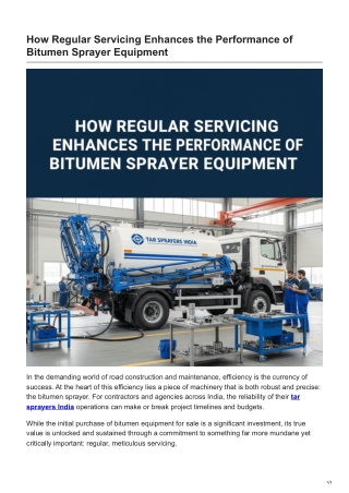 How Regular Servicing Enhances the Performance of Bitumen Sprayer Equipment