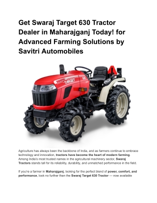 Get Swaraj Target 630 Tractor Dealer in Maharajganj Today _ Savirti Automobiles