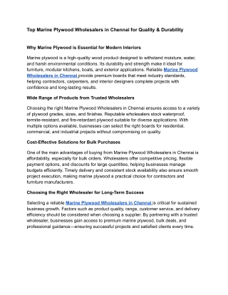 Top Marine Plywood Wholesalers in Chennai for Quality & Durability