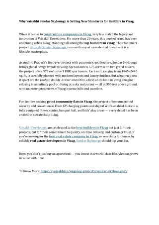 Why Vaisakhi Sundar Skylounge is Setting New Standards for Builders in Vizag