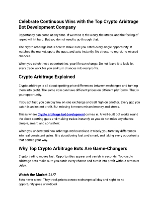 Celebrate Continuous Wins with the Top Crypto Arbitrage Bot Development Company