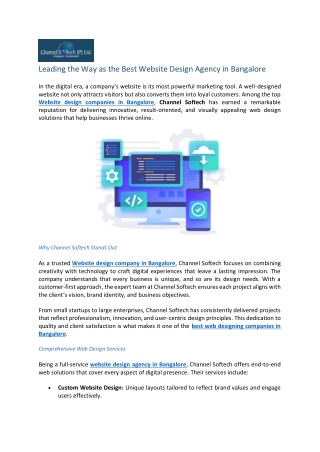 Leading the Way as the Best Website Design Agency in Bangalore