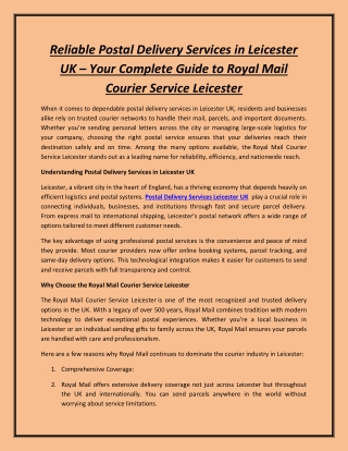 Reliable Postal Delivery Services in Leicester UK – Your Complete Guide to Royal