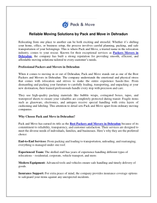 Reliable Moving Solutions by Pack and Move in Dehradun