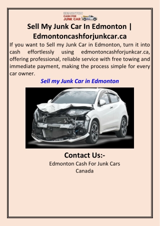 Sell My Junk Car In Edmonton  Edmontoncashforjunkcar.ca