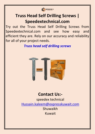 Truss Head Self Drilling Screws  Speedextechnical.com