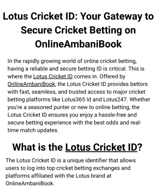Lotus Cricket ID Your Gateway to Secure Cricket Betting on OnlineAmbaniBook