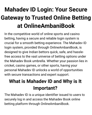 Mahadev ID Login Your Secure Gateway to Trusted Online Betting at OnlineAmbaniBook