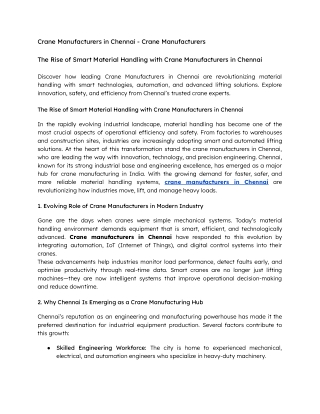 The Rise of Smart Material Handling with Crane Manufacturers in Chennai