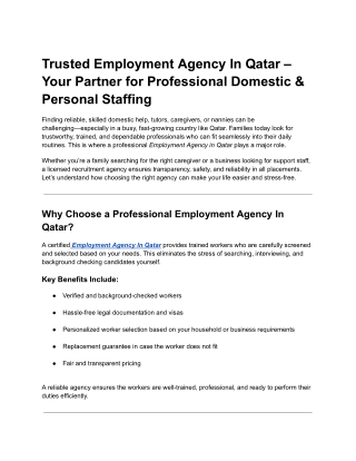Trusted Employment Agency In Qatar – Your Partner for Professional Domestic & Personal Staffing