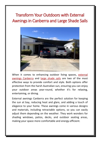 Transform Your Outdoors with External Awnings in Canberra and Large Shade Sails