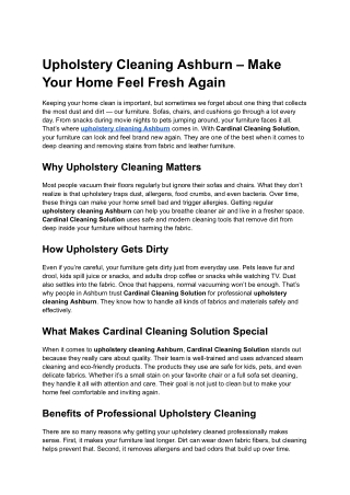 Upholstery Cleaning Ashburn – Make Your Home Feel Fresh Again