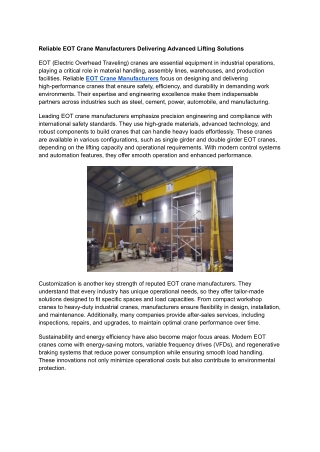 Reliable EOT Crane Manufacturers Delivering Advanced Lifting Solutions
